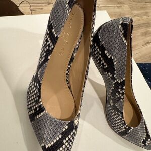Marc Fisher Gray and Black Snake-Print Pointed Toe Pumps